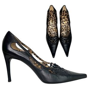 DOLCE & GABBANA pointed toe Heels Pumps Black Leather cutouts weave 37.5